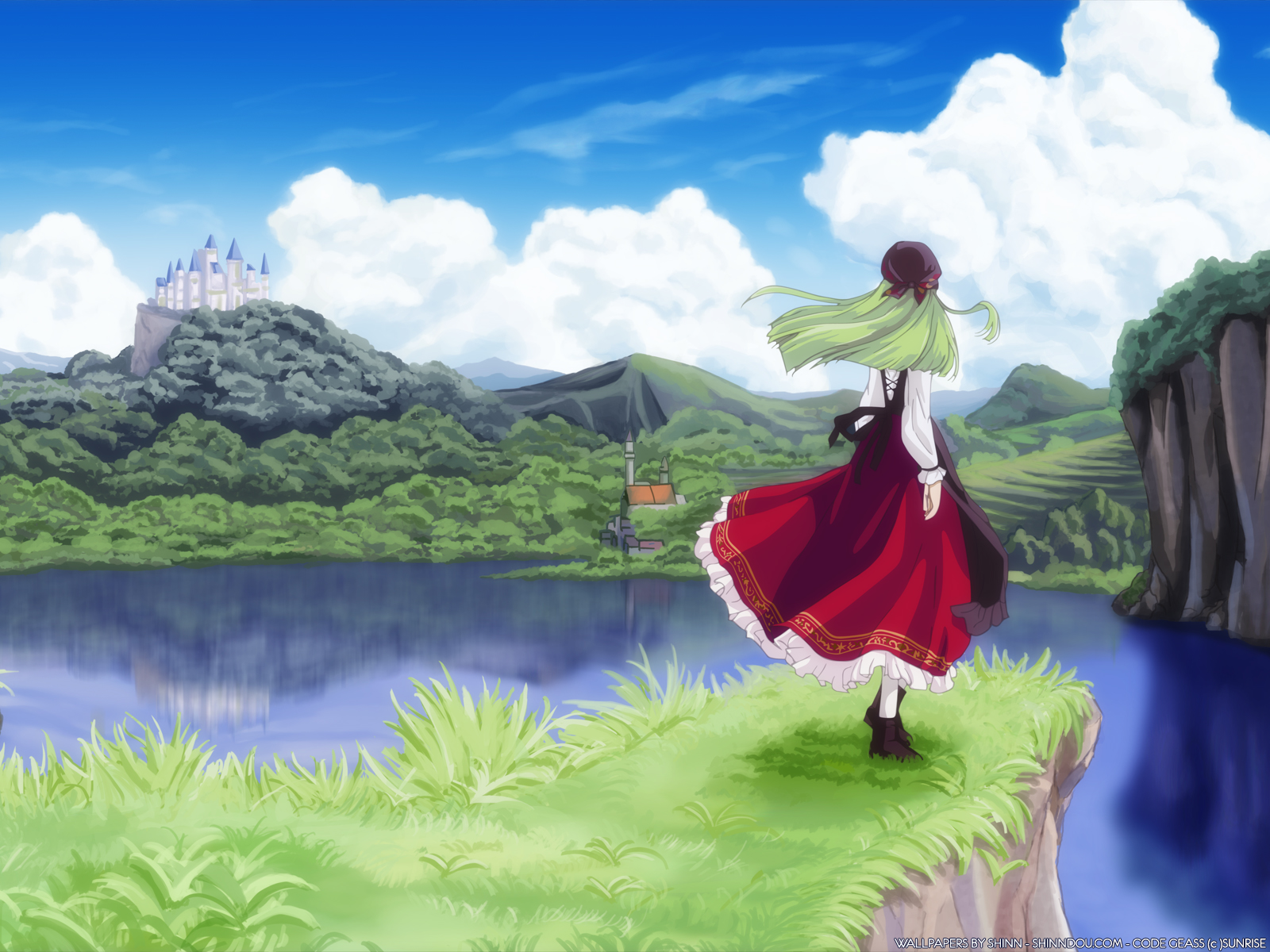 c.c., code geass, highres, 00s, arms at sides, back, bandana, black bandana, castle, cliff, day, dress, green hair, long hair, outdoors, pantyhose, plant, reflection, scenery, solo, standing, white pantyhose