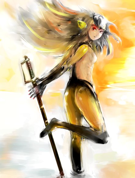 mutio, ao no roku-gou, 1girl, ass, breasts, feet, female focus, grey hair, long hair, monster girl, nude, partially submerged, pointy ears, red eyes, small breasts, solo, standing, sword, water, weapon