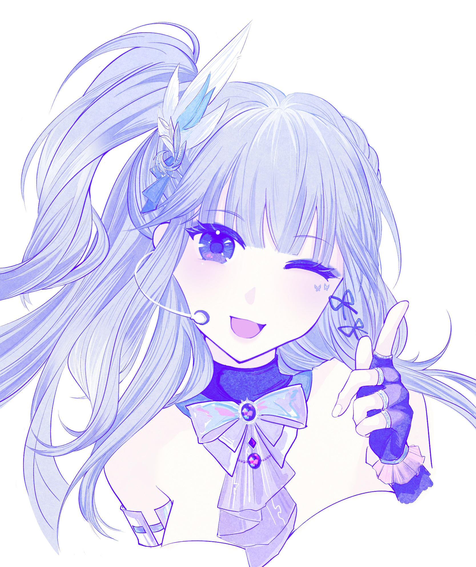 infinity nikki, nikki (series), highres, 1girl, armlet, bare shoulders, blue collar, blue eyes, blue eyeshadow, blue gloves, blue hair, blue ribbon, blue theme, blunt bangs, braid, butterfly tattoo, collar, cropped torso, detached collar, dot nose, eyelashes, eyeshadow, facial tattoo, feather hair ornament, feathers, fingerless gloves, fingernails, frilled gloves, frills, gloves, hair ornament, hair ribbon, happy, head tilt, headset, idol, jewelry, lips, long hair, makeup, nishidaxitian, one eye closed, one side up, open mouth, pale skin, pointing, pointing up, ribbon, side braid, simple background, single braid, smile, solo, starry nocturne (infinity nikki), tattoo, wavy hair, white background