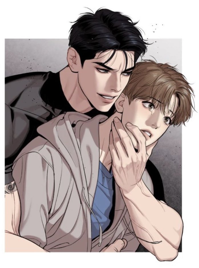 mingwa, joo jaekyung, kim dan, jinx (manhwa), jpeg artifacts, 2boys, arm tattoo, bara, black eyes, black hair, black shirt, border, brown hair, grabbing from behind, hood, hoodie, male focus, multiple boys, muscular, muscular male, parted lips, shirt, short hair, smile, tattoo, tears, upper body