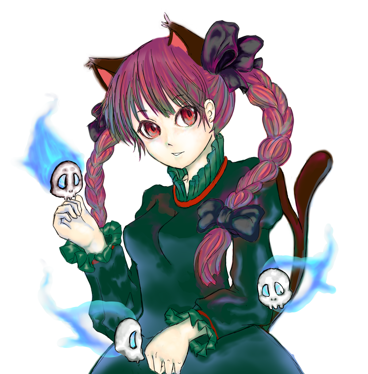 kaenbyou rin, touhou, highres, 1girl, animal ears, braid, cat ears, cat girl, cat tail, female focus, ghost, long hair, red eyes, red hair, solo, standing, tail, twin braids, twintails, white background