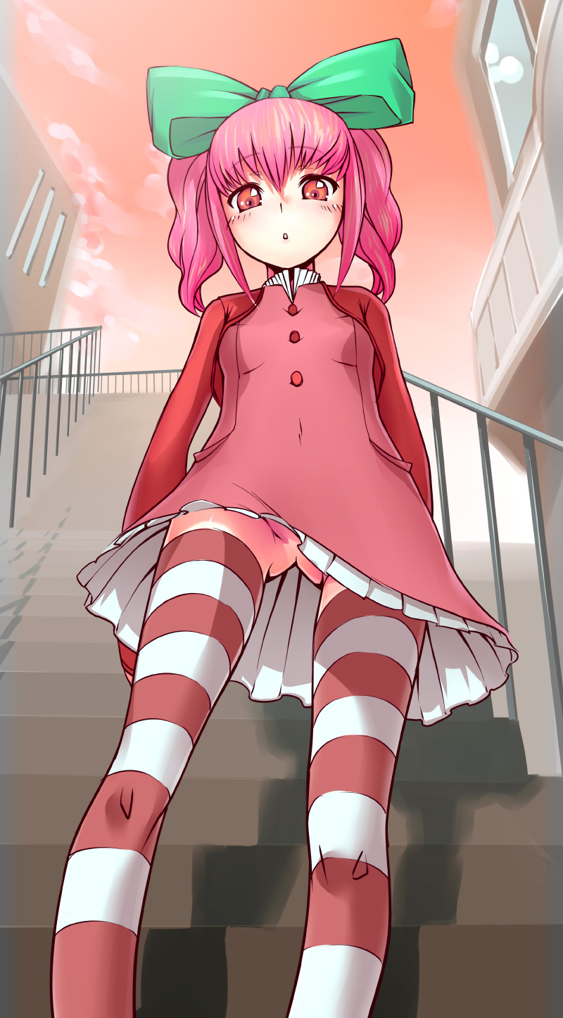 yukari (konekonekozou), anya alstreim, code geass, highres, 00s, bow, hair bow, hair ribbon, no panties, pink hair, red eyes, ribbon, solo, stairs, striped clothes, striped thighhighs, thighhighs, upskirt
