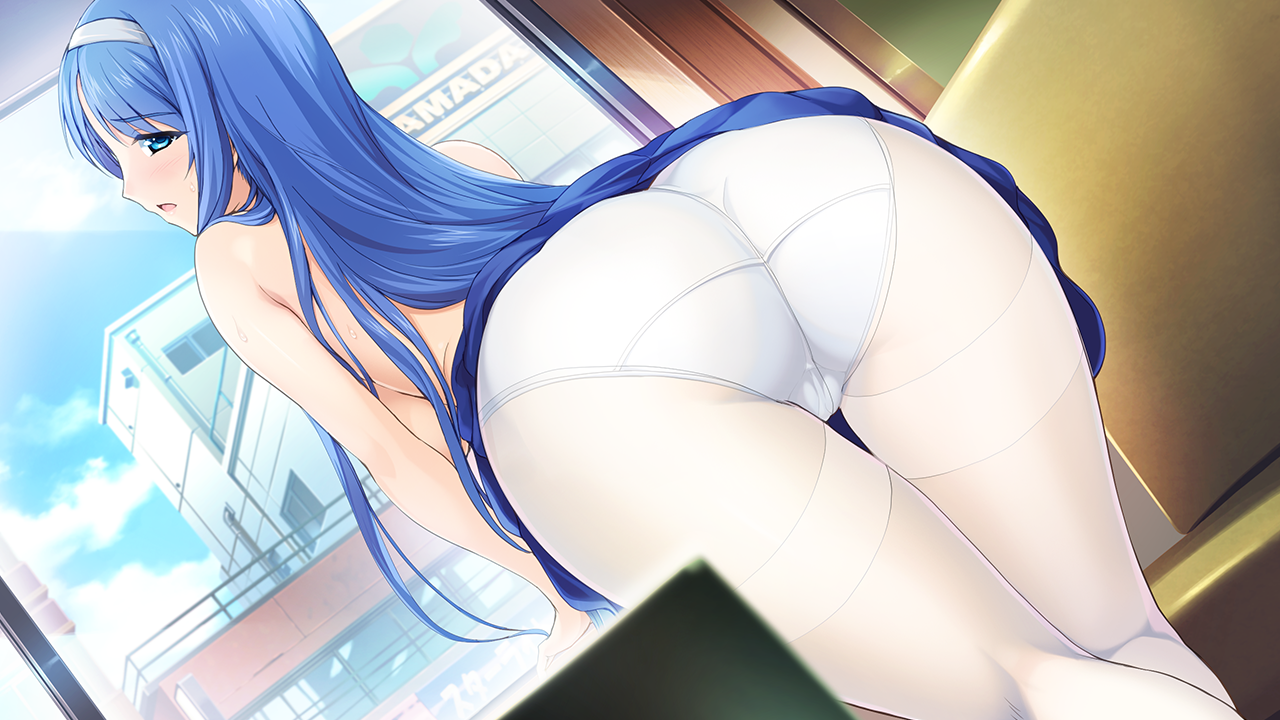 onigirikun, ellis xillia, choukou (alicesoft), choukou shinki ixseal, game cg, large variant set, non-web source, official art, variant set, 1girl, ass, bent over, blue eyes, blue hair, blush, breasts, cameltoe, clothes lift, couch, crotch seam, day, dutch angle, from behind, gusset, hairband, indoors, long hair, looking at viewer, looking back, open mouth, panties, panties under pantyhose, pantyhose, skirt, skirt lift, solo, sweat, thigh gap, thighband pantyhose, trefoil, underwear, white panties, white pantyhose, window