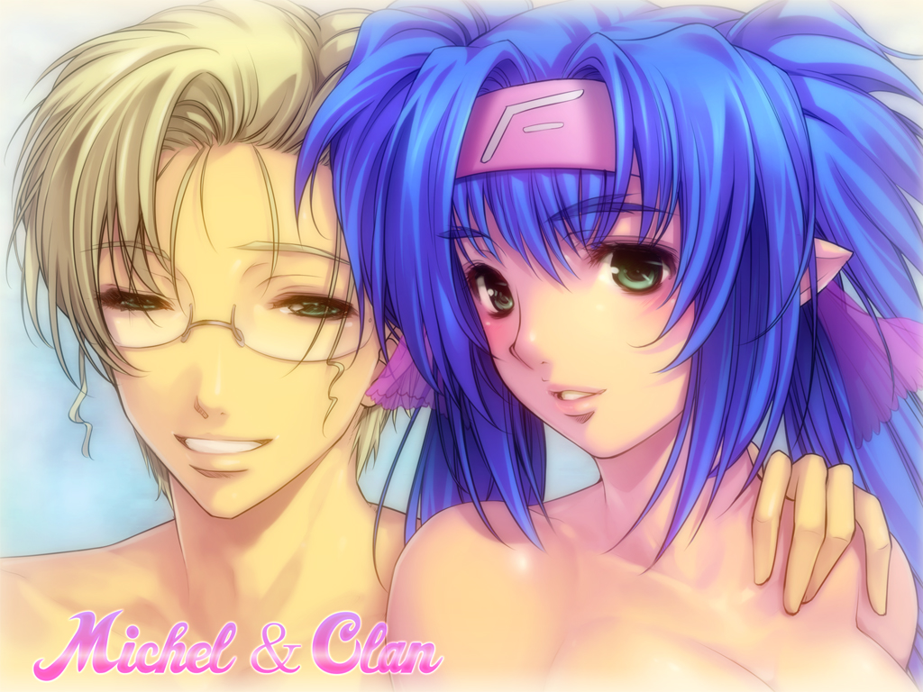 yoko juusuke, klan klein, mikhail buran, macross, macross frontier, bad id, bad pixiv id, 00s, 1boy, 1girl, blonde hair, blue hair, glasses, green eyes, headband, pointy ears