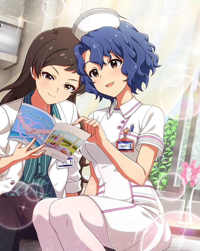 kitazawa shiho, toyokawa fuka, idolmaster, idolmaster million live!, idolmaster million live! theater days, commentary request, game cg, official art, third-party source, 2girls, blue hair, breast pocket, brown eyes, brown hair, closed mouth, hat, holding, indoors, long hair, multiple girls, name tag, nurse, nurse cap, official alternate costume, pamphlet, pantyhose, pocket, reading, shirt, short hair, short sleeves, side-by-side, smile, sparkle, white pantyhose, white shirt