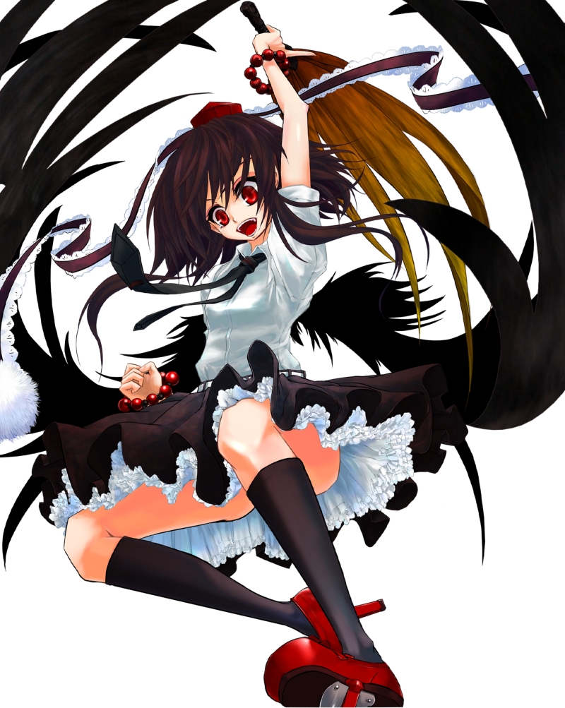 beshi, shameimaru aya, touhou, bad id, bad pixiv id, 1girl, black hair, black wings, female focus, geta, hat, looking at viewer, open mouth, short hair, skirt, smile, solo, tengu-geta, wings