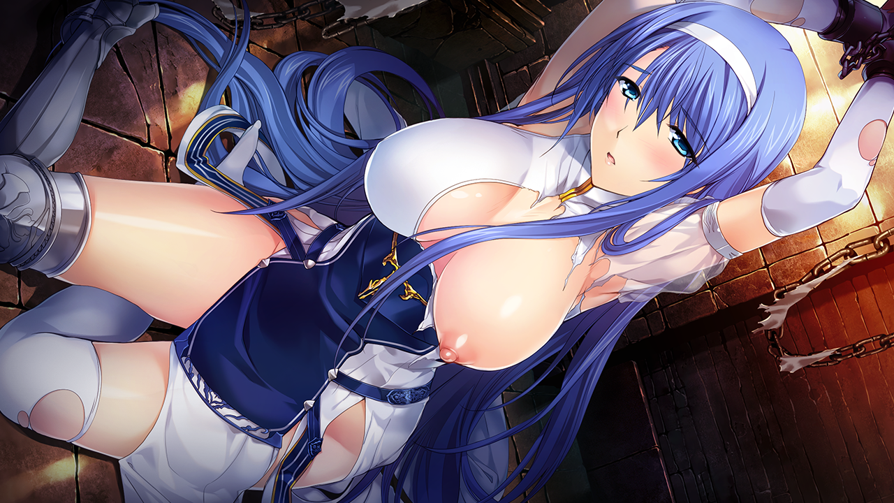 onigirikun, ellis xillia, choukou (alicesoft), choukou shinki ixseal, game cg, large variant set, non-web source, official art, variant set, 1girl, armor, armored boots, arms up, bdsm, blue eyes, blue hair, blush, bondage, boots, bound, bound wrists, breast slip, breasts, chain, chained, cuffs, dress, dutch angle, elbow gloves, gloves, greaves, hairband, large breasts, long hair, looking at viewer, nipples, one breast out, open mouth, restrained, see-through clothes, shackles, short sleeves, sitting, solo, thigh boots, thighhighs, torn clothes, torn dress, torn thighhighs, very long hair, white hairband, white thighhighs, yokozuwari