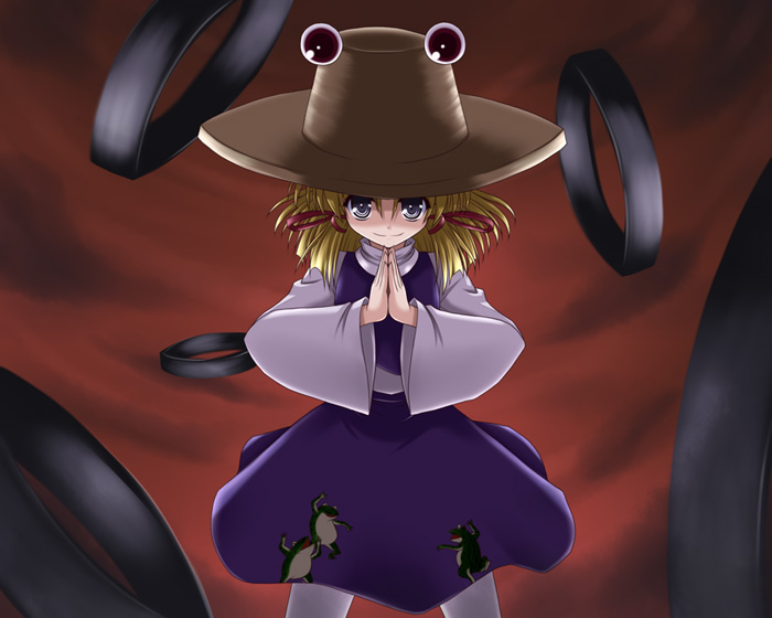 bococho, moriya suwako, touhou, 1girl, blonde hair, female focus, hat, moriya's iron rings, ribbon, short hair, solo