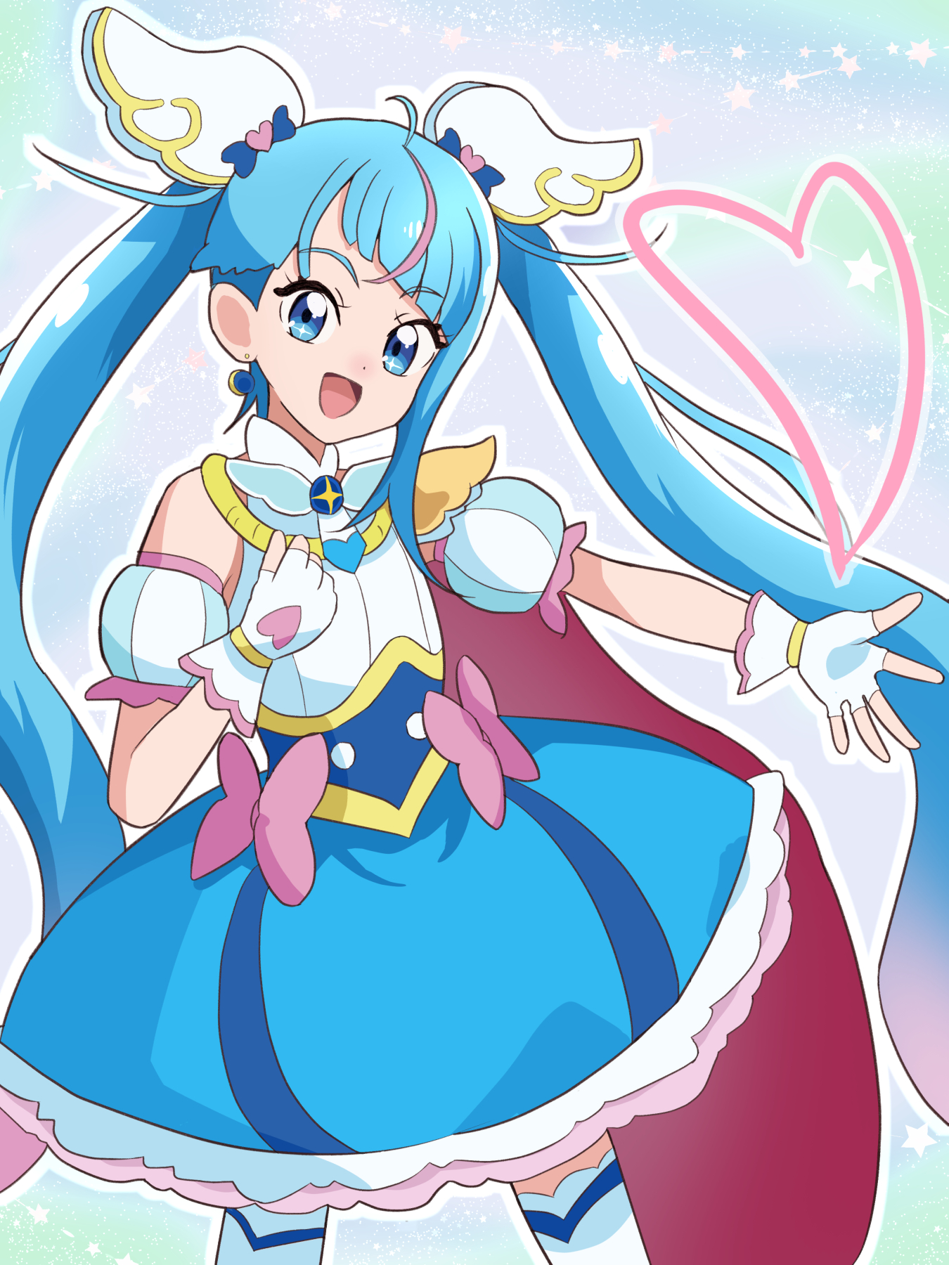 cure sky, sora harewataru, hirogaru sky! precure, precure, commentary, highres, 1girl, :d, ahoge, asymmetrical bangs, bare shoulders, blue background, blue dress, blue eyes, blue hair, bow, brooch, cape, cowboy shot, cut bangs, detached sleeves, dot nose, dress, dress bow, earrings, fingerless gloves, gloves, gradient background, gradient hair, green background, hair ornament, hand on own chest, jewelry, long hair, looking at viewer, magical girl, medium dress, multicolored dress, multicolored hair, open mouth, pink bow, pink hair, puffy detached sleeves, puffy sleeves, red cape, sidelocks, single bare shoulder, single earring, single hair streak, single sidelock, sleeveless, sleeveless dress, smile, solo, sparkle, sparkle background, sphere earrings, streaked hair, thighhighs, twintails, two-tone background, two-tone dress, two-tone hair, user mgzd2885, white dress, white gloves, white thighhighs, wing brooch, wing hair ornament, zettai ryouiki