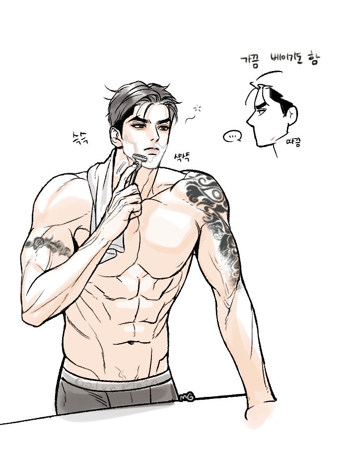 mingwa, joo jaekyung, jinx (manhwa), …, 1boy, arm tattoo, bara, bare pectorals, black eyes, black hair, greyscale, korean text, large pectorals, male focus, male underwear, monochrome, muscular, muscular male, navel, pectorals, shaving, shaving cream, solo, tattoo, toned, topless male, underwear