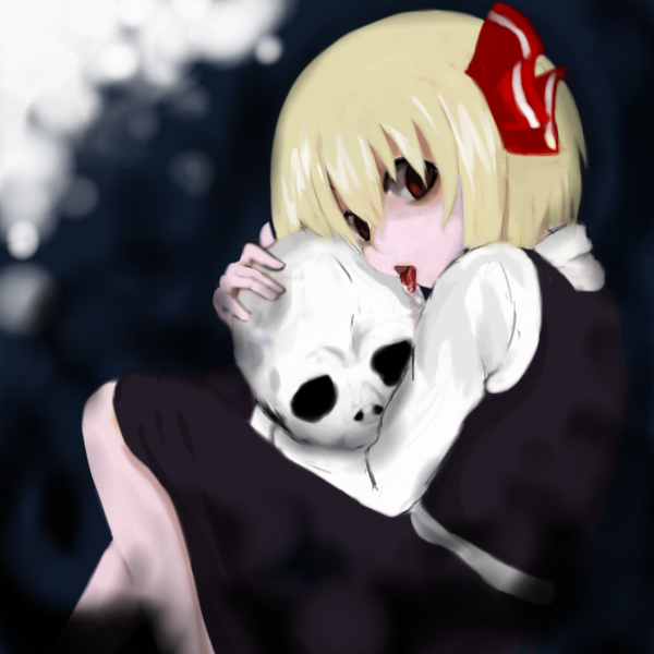 yarebadekiruko, rumia, embodiment of scarlet devil, touhou, 1girl, black dress, blonde hair, dress, female focus, gradient background, licking, red eyes, ribbon, short hair, skull, solo