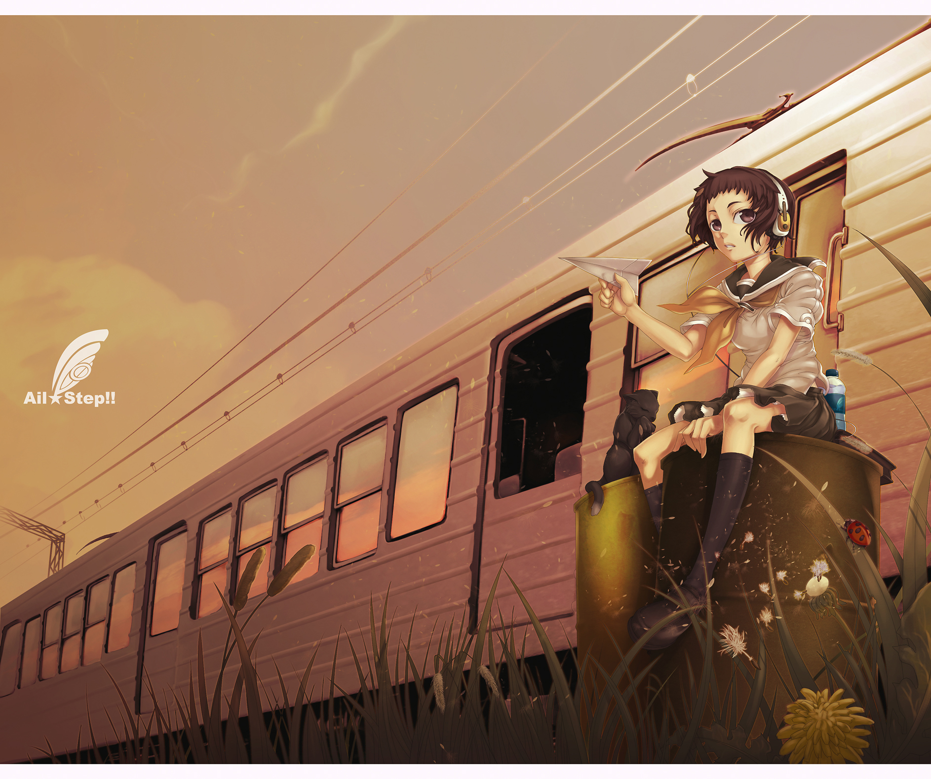 ayaki, original, highres, bottle, brown eyes, brown hair, bug, cattail, dandelion, flower, headphones, holding, holding paper airplane, insect, ladybug, legs, paper airplane, plant, school uniform, serafuku, short hair, sitting, solo, train, water bottle