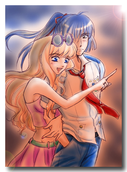 saotome alto, sheryl nome, macross, macross frontier, 00s, 1boy, 1girl, blonde hair, blue hair, couple, hetero, long hair, necktie, sunglasses, sunglasses on head