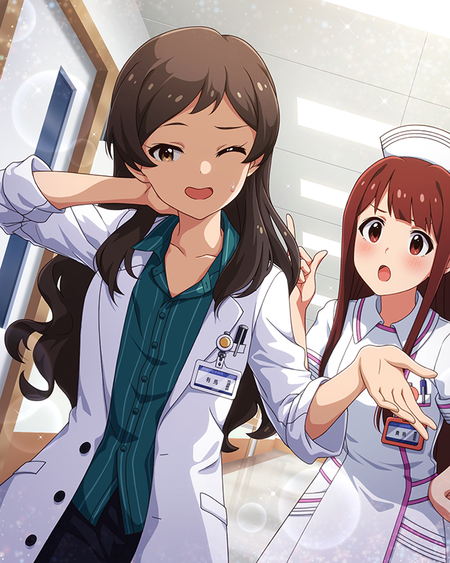 kitazawa shiho, tanaka kotoha, idolmaster, idolmaster million live!, idolmaster million live! theater days, commentary request, game cg, official art, third-party source, 2girls, :o, blush, breast pocket, brown eyes, brown hair, coat, collared shirt, doctor, green shirt, hand on own neck, hat, hospital, indoors, long hair, looking at another, multiple girls, name tag, nurse, nurse cap, official alternate costume, one eye closed, open mouth, pinstripe pattern, pinstripe shirt, pocket, red eyes, red hair, shirt, sweatdrop, white coat