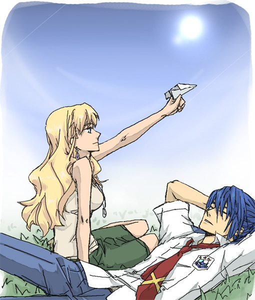 saotome alto, sheryl nome, macross, macross frontier, 00s, 1boy, 1girl, blonde hair, blue eyes, blue hair, long hair, outdoors, school uniform, sky
