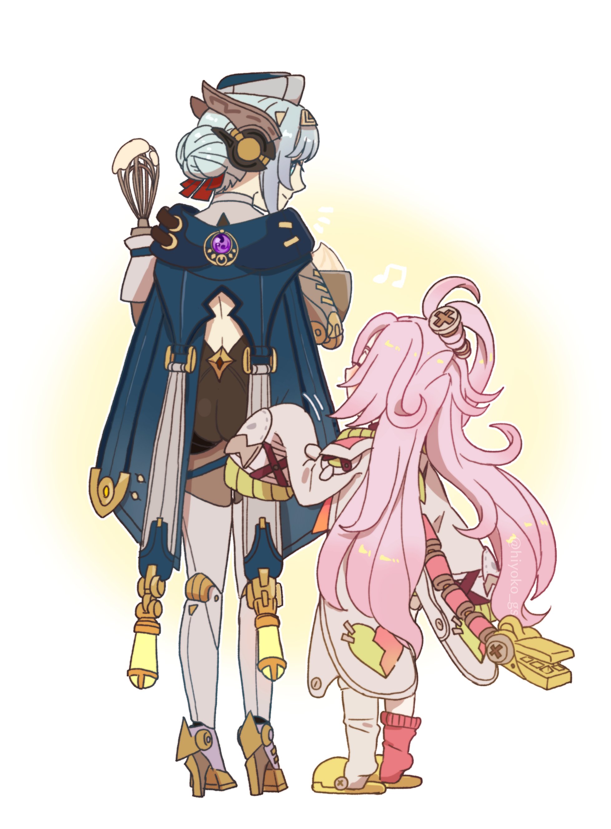 aoyagi (ao0701yagi), aino (genshin impact), ineffa (genshin impact), genshin impact, absurdres, commentary request, highres, 2girls, ahoge, artist name, asymmetrical legwear, bangs pinned back, blue cape, blue eyes, blue hair, blue hat, blush, bowl, cape, closed eyes, closed mouth, coat, double bun, facing away, from behind, green slippers, hair bun, hair ribbon, hairband, hat, high heels, holding, holding bowl, joints, lab coat, long hair, looking at another, looking to the side, mismatched legwear, mixing bowl, multiple girls, musical note, pink hair, red ribbon, red socks, ribbon, robot girl, robot joints, screw hair ornament, sidelocks, sleeves past fingers, sleeves past wrists, slippers, smile, socks, standing, twitter username, very long hair, very long sleeves, vision (genshin impact), whisk, white background, white coat, white socks