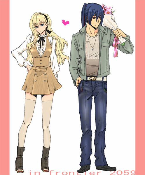 uramoi mocker, saotome alto, sheryl nome, macross, macross frontier, 00s, 1boy, 1girl, blonde hair, blue eyes, blue hair, bouquet, couple, flower, hairband, hetero, jacket, jewelry, long hair, necklace, ponytail, thighhighs
