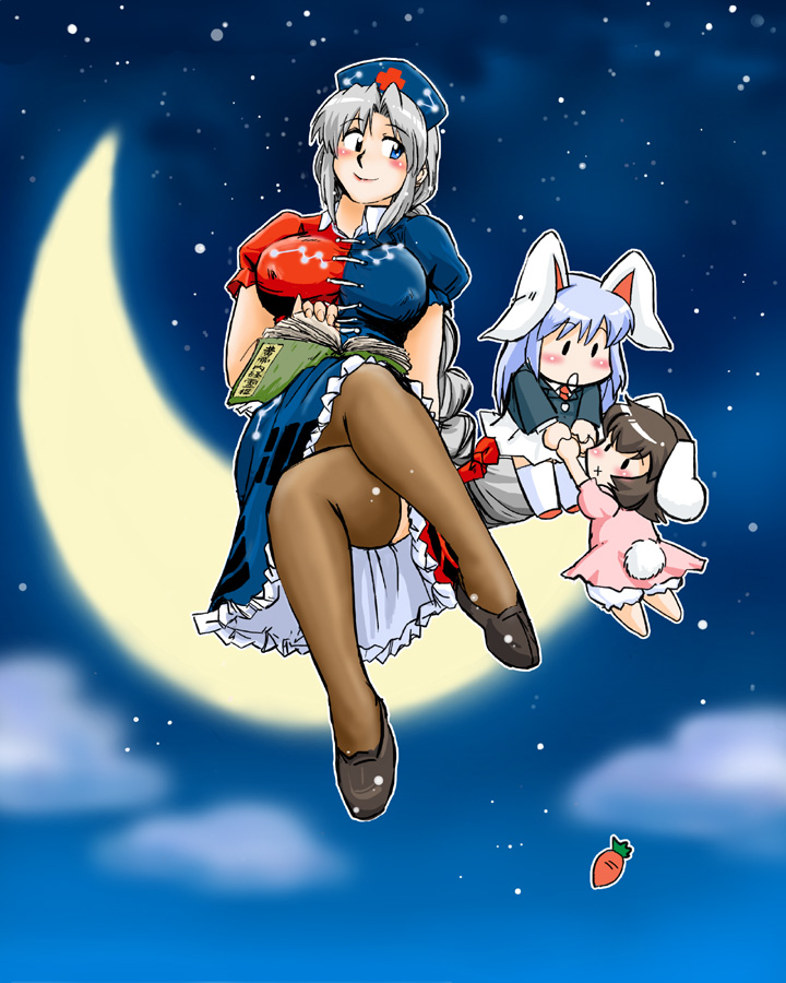 azuki osamitsu, inaba tewi, reisen udongein inaba, yagokoro eirin, touhou, brown legwear, 3girls, animal ears, black hair, blue eyes, blush, book, breasts, carrot, chibi, crossed legs, female focus, hat, large breasts, long hair, moon, multiple girls, rabbit ears, short hair, sky, thighhighs, very long hair, white hair, x mouth