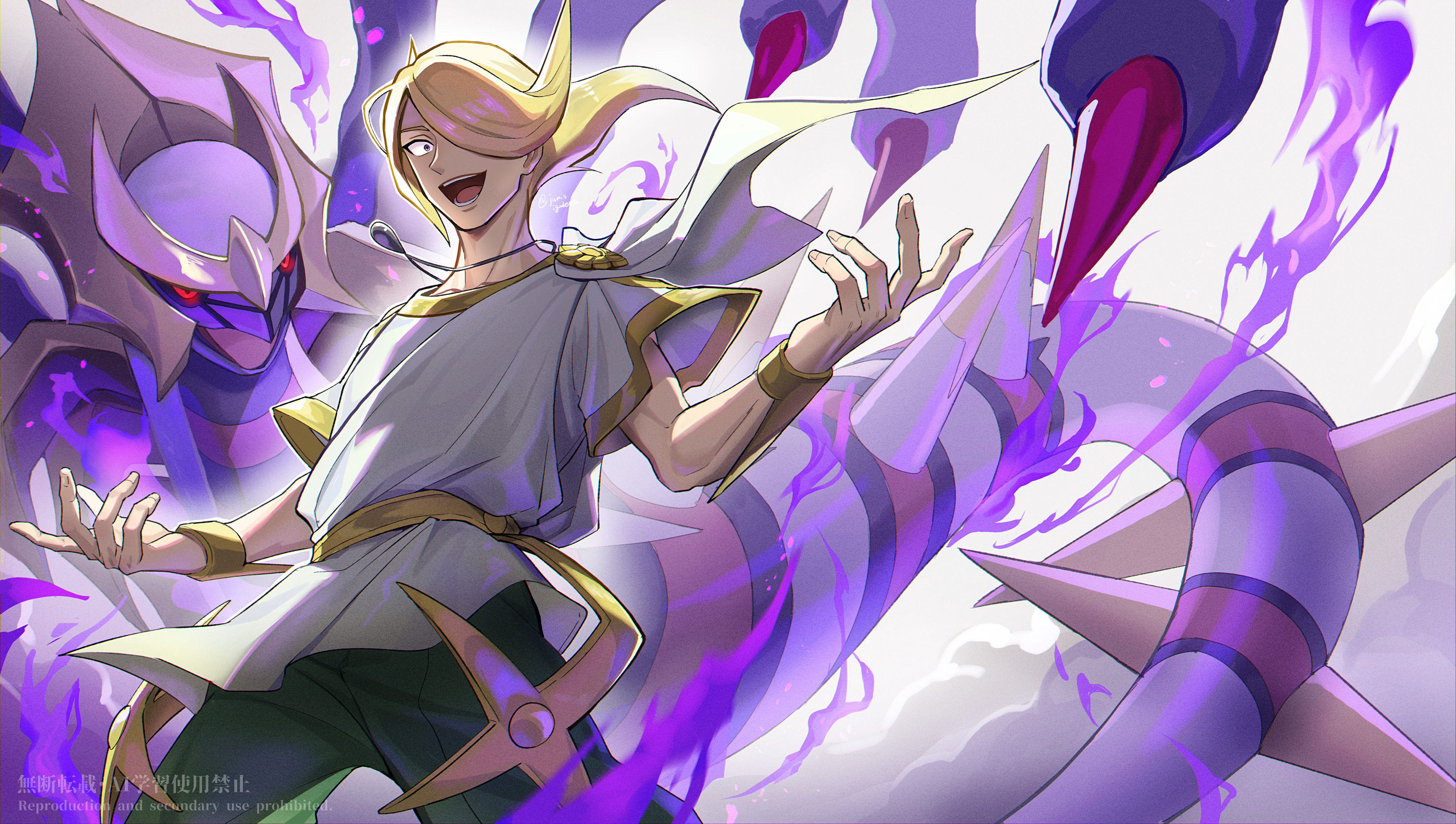 janis (hainegom), giratina, giratina (origin), volo (pokemon), nintendo, pokemon, pokemon legends: arceus, absurdres, commentary request, highres, 1boy, arms up, black pants, blonde hair, bracelet, gen 4 pokemon, gold trim, jewelry, legendary pokemon, looking to the side, male focus, necklace, open mouth, pants, parted bangs, pokemon (creature), red eyes, smile, teeth, tongue, tunic, watermark, white tunic, wide-eyed