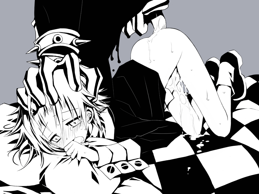 sakurazawa izumi, crona (soul eater), ragnarok (soul eater), soul eater, bad id, bad pixiv id, gender request, 00s, 1boy, androgynous, black dress, black skin, blush, bottomless, clothes lift, colored skin, cuff links, cum, dress, dress lift, dripping, fingering, forced, gauntlets, gloves, greyscale, head grab, high collar, monochrome, open mouth, pillow, pillow grab, pinned, raised eyebrows, rape, saliva, shoes, short hair, spikes, striped clothes, striped gloves, sweat, symbol-shaped pupils, tears, top-down bottom-up