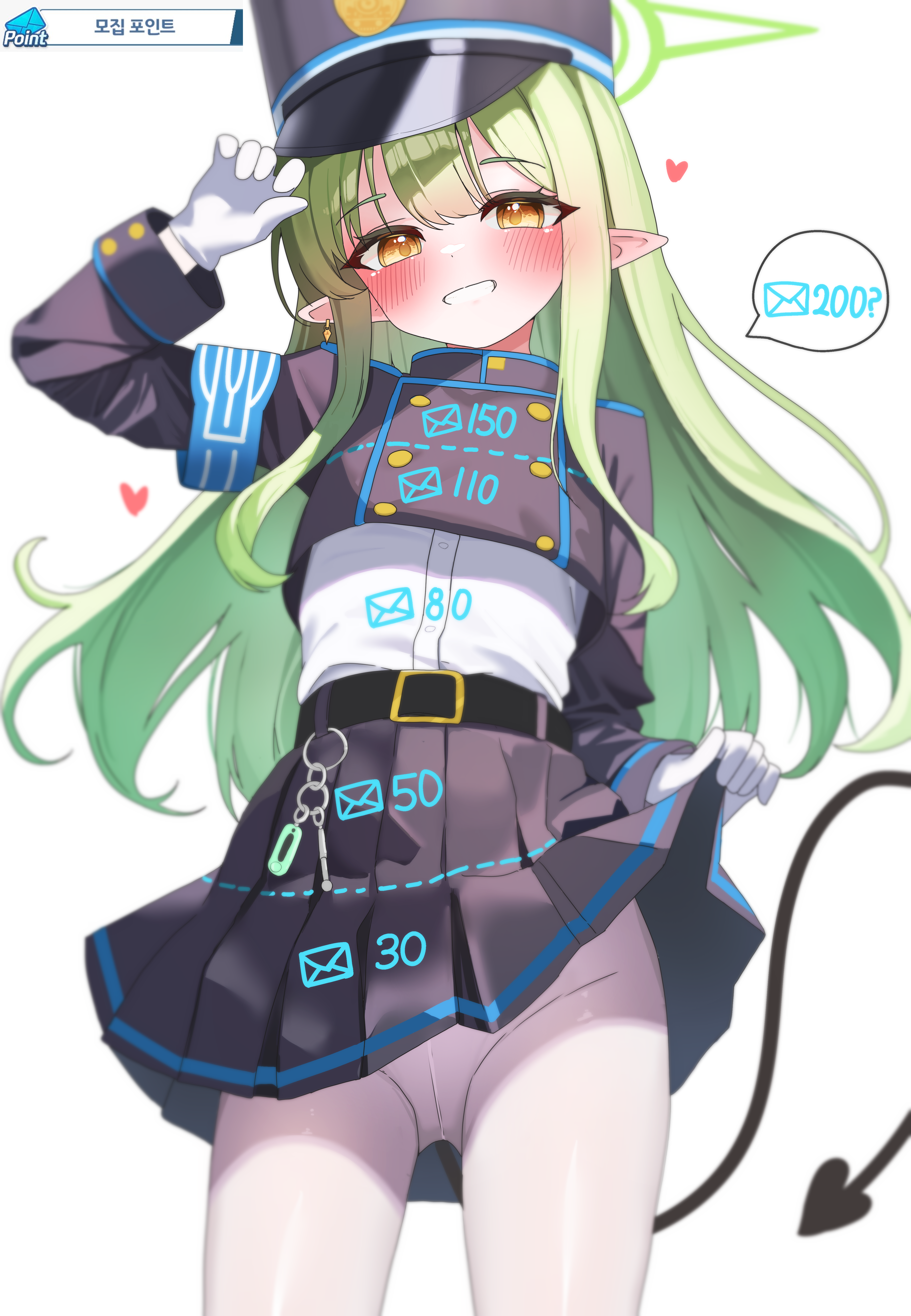 drawing flover, hikari (blue archive), blue archive, absurdres, commentary request, highres, 1girl, armband, black hat, black jacket, black skirt, blue armband, blush, clothes lift, demon tail, green hair, green halo, halo, hat, jacket, lifting own clothes, long hair, looking at viewer, pantyhose, pointy ears, simple background, skirt, skirt lift, smile, solo, standing, tail, white background, white pantyhose, yellow eyes