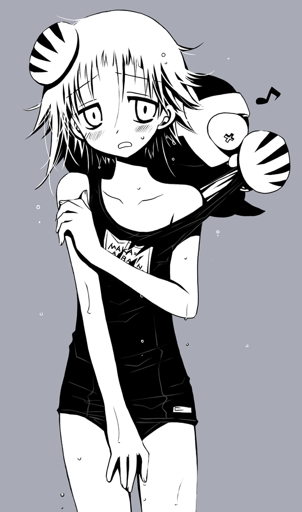 sakurazawa izumi, crona (soul eater), ragnarok (soul eater), soul eater, hand on head, bad id, bad pixiv id, gender request, + +, 00s, androgynous, blush, collarbone, grey background, greyscale, monochrome, musical note, one-piece swimsuit, open mouth, pulling, quaver, school swimsuit, short hair, simple background, swimsuit, wet