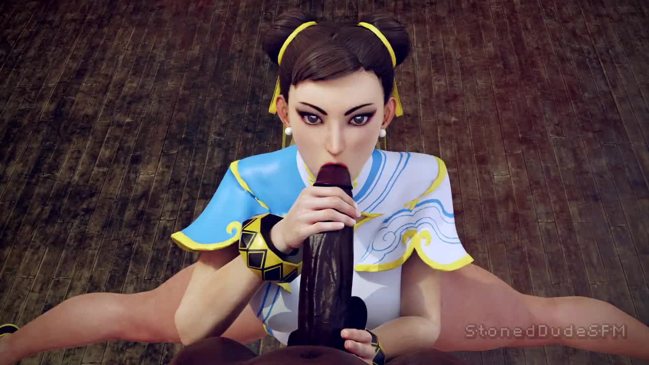 stoneddude, chun-li, capcom, street fighter, animated, sound, tagme, video, 1girl, dark-skinned male, dark skin, earrings, fellatio, oral, pearl earrings, split