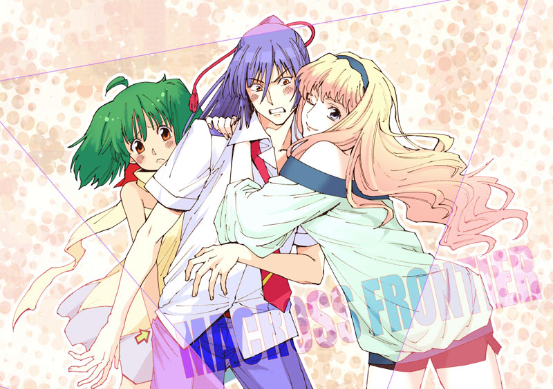 ranka lee, saotome alto, sheryl nome, macross, macross frontier, 00s, 1boy, 2girls, blonde hair, blue hair, long hair, multiple girls, one eye closed, wink