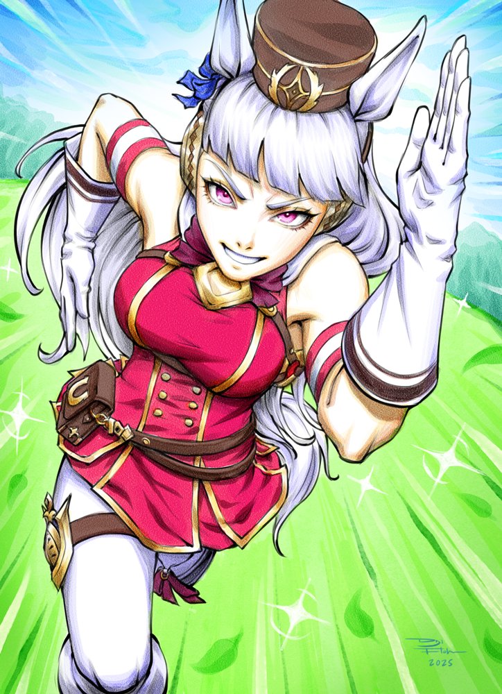 karn kirk ratanasin, gold ship (red strife) (umamusume), gold ship (umamusume), umamusume, 1girl, animal ears, armband, blue sky, blunt bangs, boots, bow, bowtie, breasts, brown hat, dress, ear bow, ear ribbon, gloves, grass, grey hair, grin, hat, horse ears, horse girl, horse tail, large breasts, leggings, long hair, looking at viewer, open mouth, outdoors, pantyhose, pillbox hat, purple eyes, red armband, red bow, red bowtie, red dress, running, sky, sleeveless, sleeveless dress, smile, solo, striped armband, striped clothes, tail, thigh strap, white armband, white boots, white gloves, white leggings, white pantyhose