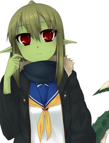 lesskiss, ryuujin no senpai, original, bad id, bad pixiv id, 1girl, colored skin, dragon girl, dragon tail, female focus, green hair, green skin, jacket, long hair, monster girl, pointy ears, red eyes, scales, school uniform, serafuku, solo, tai, tail