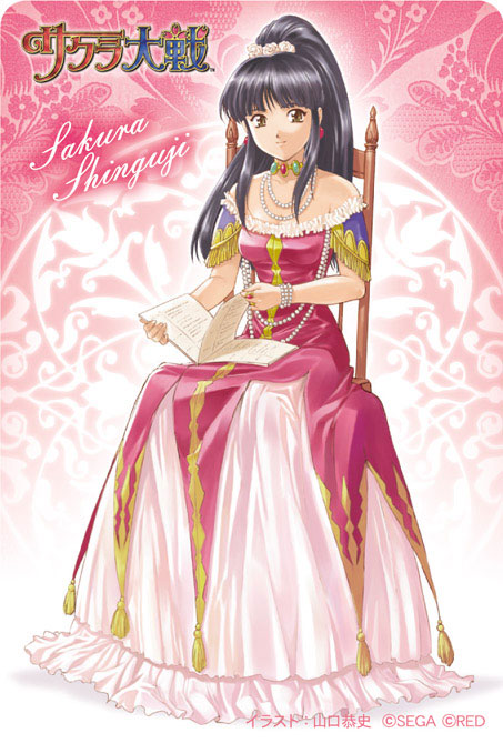 shinguuji sakura, sakura taisen, sakura taisen iv, 00s, black hair, book, brown eyes, chair, dress, gown, jewelry, long hair, necklace, on chair, ponytail, princess, solo