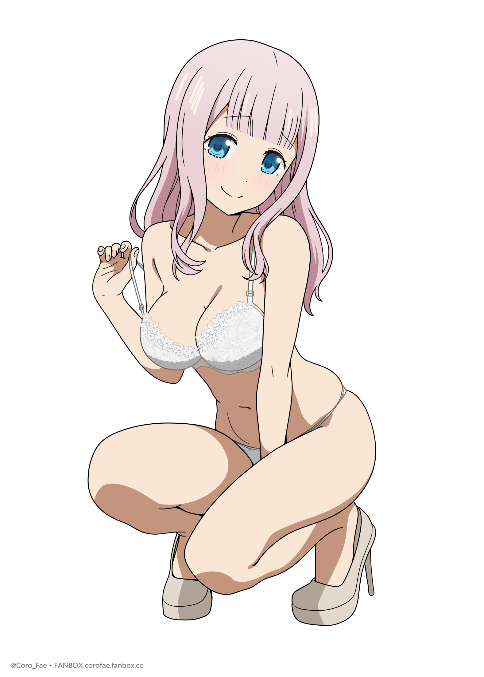 coro fae, fujiwara chika, kaguya-sama wa kokurasetai ~tensai-tachi no renai zunousen~, highres, paid reward available, 1girl, artist name, blue eyes, blush, bra, bra pull, breasts, cleavage, closed mouth, clothes pull, english text, full body, grey hair, high heels, large breasts, long hair, looking at viewer, navel, panties, pulling own clothes, simple background, smile, solo, squatting, stomach, strap pull, thighs, underwear, white background, white bra, white panties
