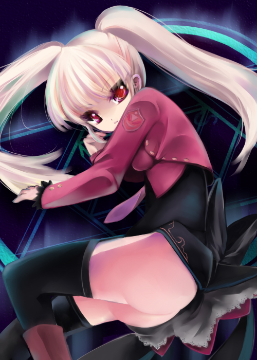 atoshi, asmodeus (umineko), umineko no naku koro ni, bad id, bad pixiv id, 00s, 1girl, ass, female focus, long hair, necktie, no panties, pink necktie, red eyes, solo, thighhighs, twintails, white hair