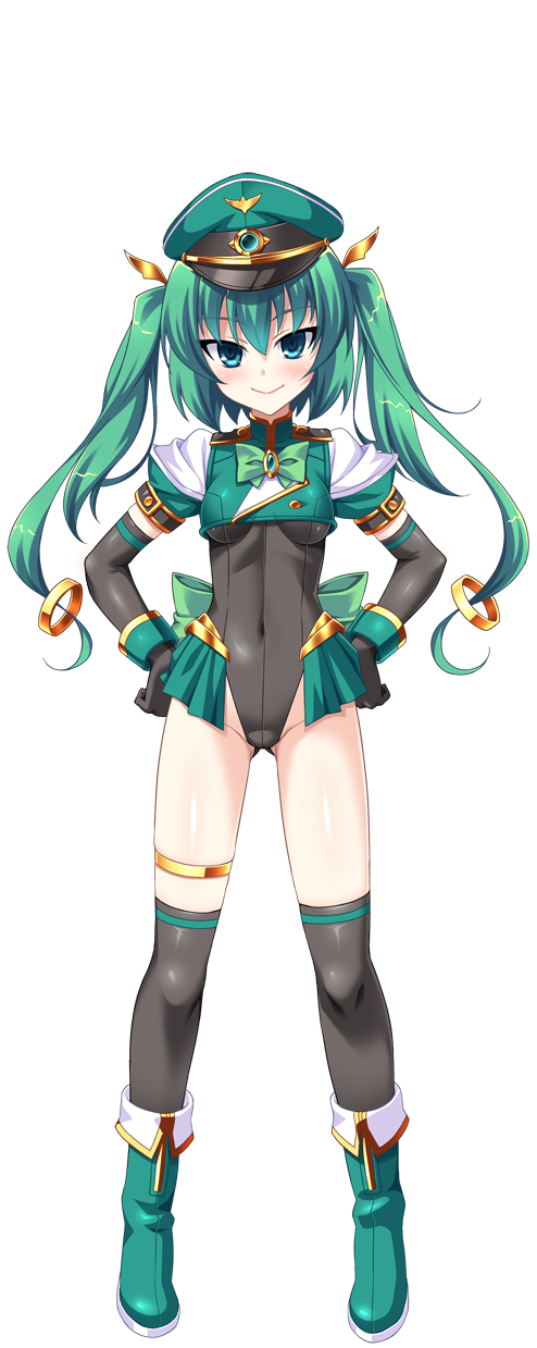 aoi masami, knight lapis, nina wang rockford, ts magical girl nao, game cg, highres, large variant set, non-web source, official art, variant set, 1girl, aqua eyes, black gloves, blue eyes, blush, boots, breasts, covered navel, elbow gloves, full body, gloves, green hair, hands on own hips, hat, leotard, long hair, looking at viewer, magical girl, peaked cap, small breasts, smile, solo, standing, straight-on, tachi-e, thighhighs, transparent background, twintails