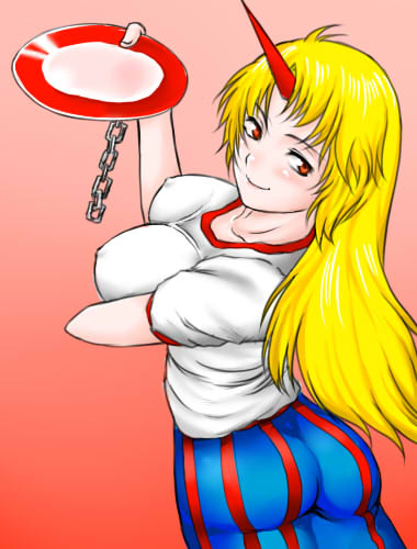 hotpants (i'm hot yet!), hoshiguma yuugi, touhou, lowres, 1girl, alcohol, blonde hair, blush, breasts, chain, cup, female focus, horns, large breasts, long hair, red eyes, sakazuki, sake, single horn, solo