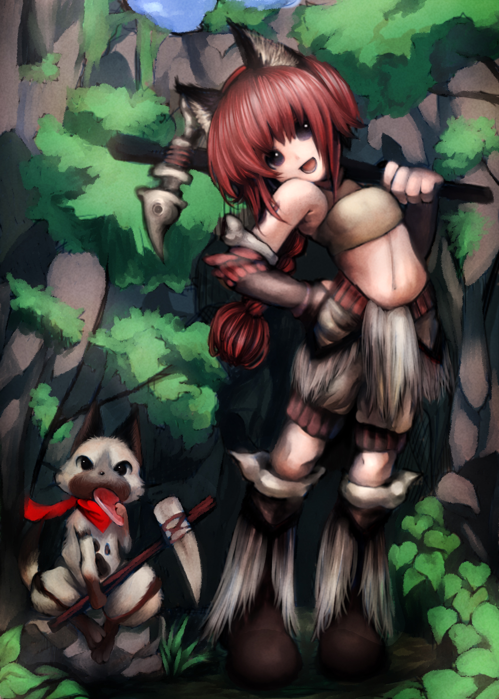 mosho, felyne, capcom, monster hunter (series), highres, animal ears, boots, braid, cat, forest, midriff, nature, red hair