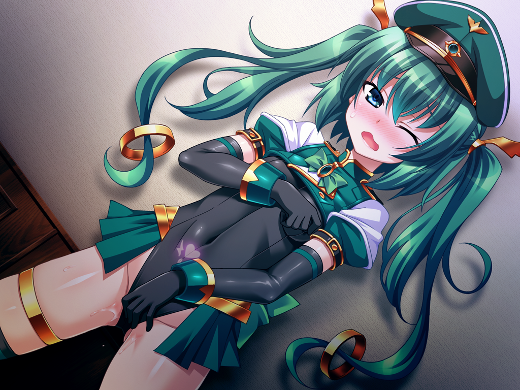 aoi masami, knight lapis, nina wang rockford, ts magical girl nao, game cg, large variant set, non-web source, official art, variant set, 1girl, against wall, aqua eyes, black gloves, blue eyes, blush, breasts, covered erect nipples, covered navel, dutch angle, elbow gloves, female masturbation, fingering, fingering through clothes, gloves, grabbing own breast, green eyes, green hair, hair ornament, hat, leotard, long hair, looking at viewer, magical girl, masturbation, masturbation through clothes, nipple stimulation, nipple tweak, one eye closed, open mouth, pubic tattoo, pussy juice, showgirl skirt, small breasts, solo, standing, tattoo, thighhighs, through clothes, twintails, wince