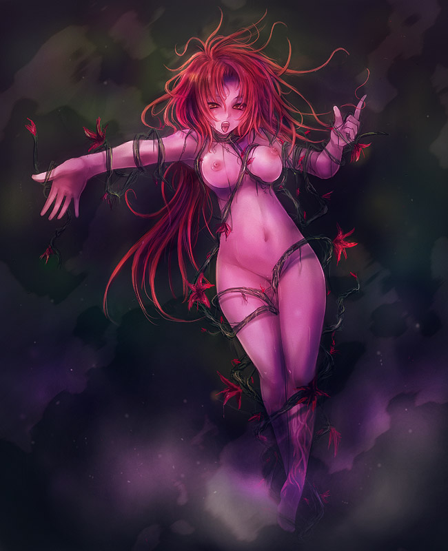 kara (color), 1girl, breasts, female focus, hip focus, large breasts, long hair, navel, nipples, nude, plant, pussy juice, red eyes, red hair, solo, thorns, tongue, vines, wide hips