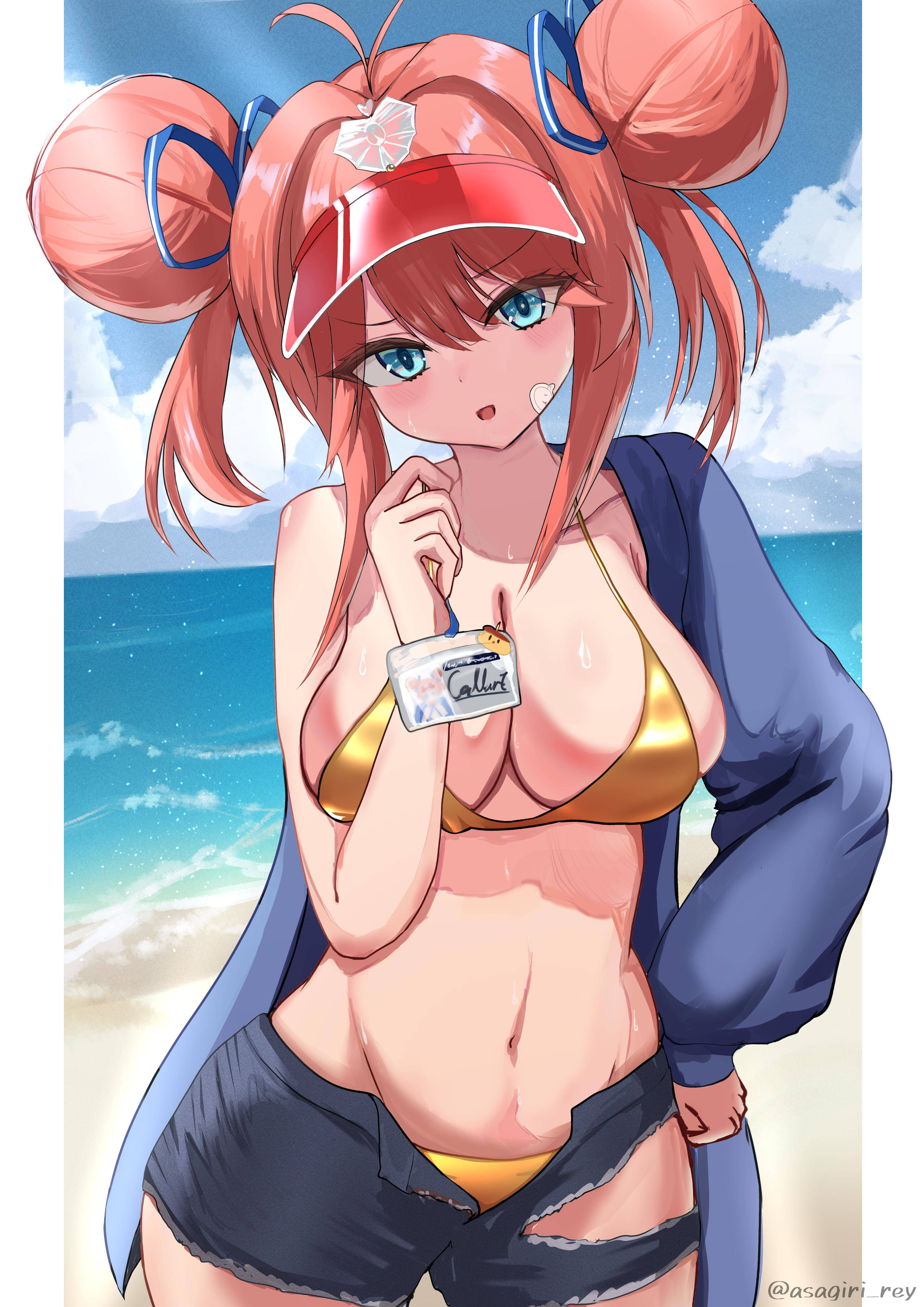 asagiri rey, gallant (azur lane), gallant (express-ive delivery) (azur lane), azur lane, absurdres, commentary request, highres, 1girl, antenna hair, beach, bikini, blue jacket, blue ribbon, blue sky, breasts, cleavage, cloud, collarbone, contrapposto, cowboy shot, day, denim, denim shorts, double bun, gold bikini, hair bun, hair intakes, hair ribbon, hand on own hip, head tilt, jacket, large breasts, looking at viewer, name tag, navel, ocean, off shoulder, open mouth, orange hair, outside border, ribbon, sand, short shorts, shorts, sky, smile, solo, standing, sticker, sticker on face, stomach, straight-on, swimsuit, torn clothes, torn shorts, twitter username, water