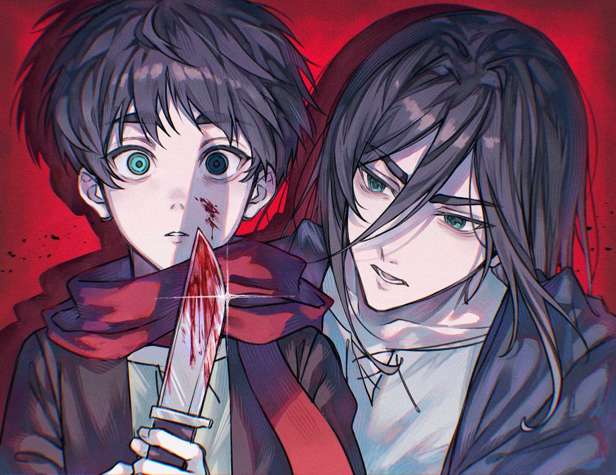 eren yeager, shingeki no kyojin, highres, 2boys, age comparison, aida aot, black jacket, blood, blood on face, bloody knife, brown hair, brown jacket, green eyes, hair between eyes, holding, holding knife, jacket, knife, long hair, male focus, multiple boys, parted lips, red background, red scarf, scarf, shirt, short hair, sparkle, talking, time paradox, upper body, white shirt, wide-eyed