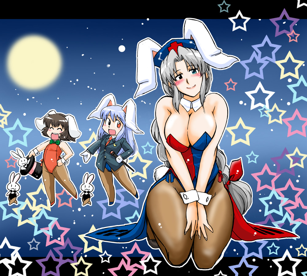 azuki osamitsu, inaba tewi, reisen udongein inaba, yagokoro eirin, touhou, 3girls, animal ears, black hair, blue eyes, blush, book, bow, bowtie, braid, breasts, cane, carrot, chibi, cleavage, detached collar, female focus, hat, head tilt, heterochromia, kneeling, large breasts, long hair, low-tied long hair, moon, multiple girls, musical, pantyhose, playboy bunny, rabbit, rabbit ears, rabbit girl, rabbit tail, red eyes, short hair, single braid, star (symbol), tail, very long hair, white hair