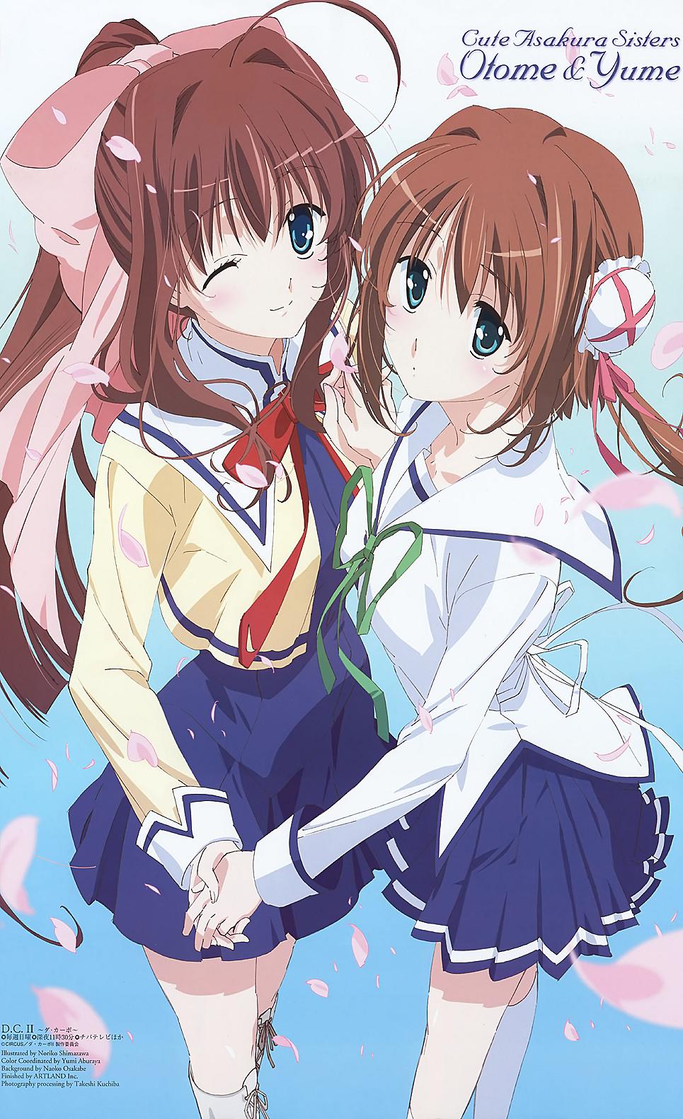 shimazawa noriko, asakura otome, asakura yume, animage, da capo, da capo ii, highres, official art, resized, 00s, 2girls, aqua eyes, breast press, breasts, brown hair, bun cover, cherry blossoms, double bun, holding hands, long hair, multiple girls, one eye closed, petals, ponytail, school uniform, serafuku, short hair, siblings, sisters, small breasts, symmetrical docking, wink