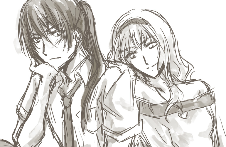 saotome alto, sheryl nome, macross, macross frontier, 00s, 1boy, 1girl, couple, greyscale, hetero, long hair, monochrome, sketch