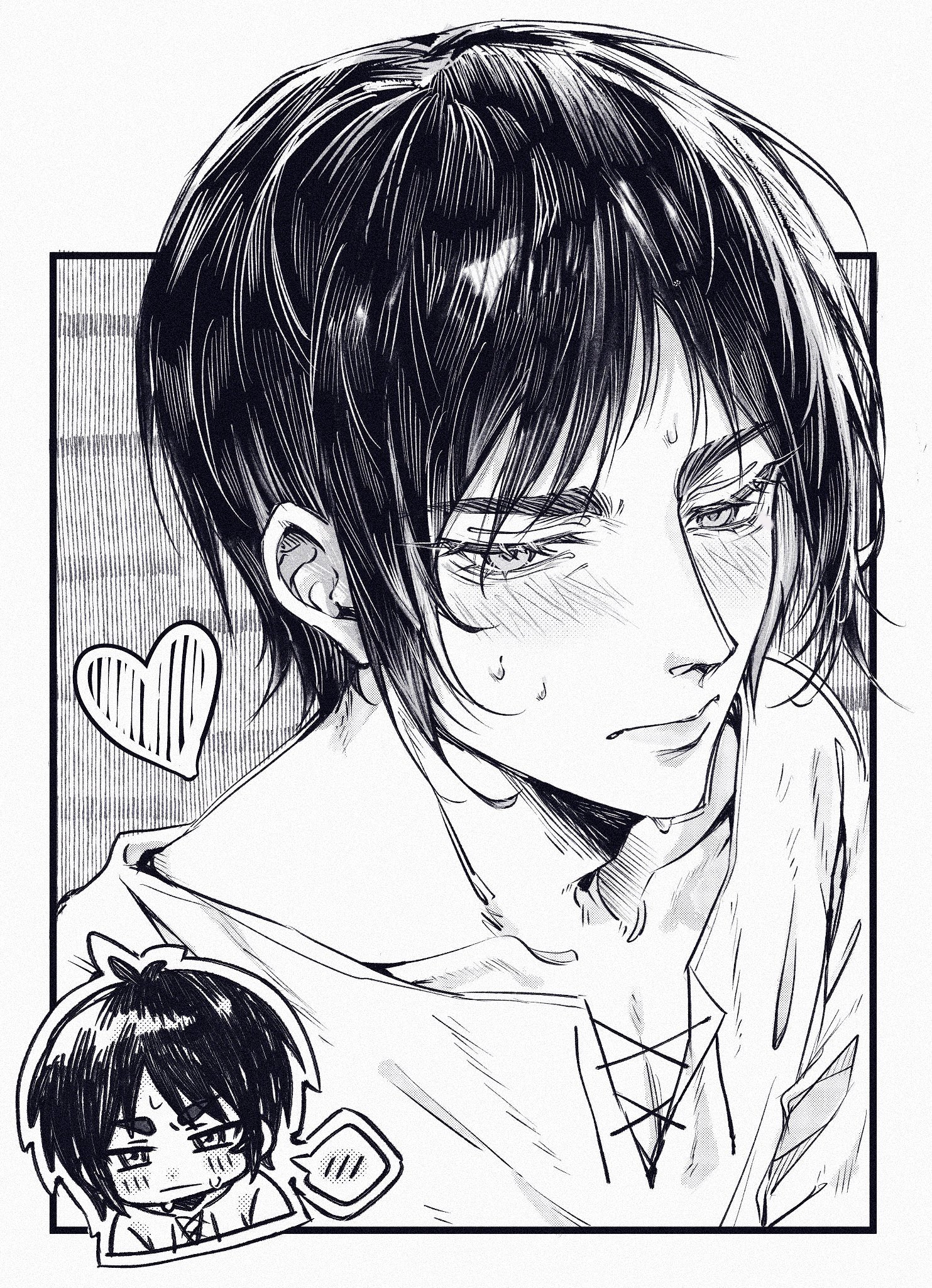 eren yeager, shingeki no kyojin, highres, 1boy, aida aot, blush, border, chibi, chibi inset, closed mouth, cropped torso, furrowed brow, greyscale, half-closed eyes, light frown, male focus, monochrome, parted bangs, shirt, short hair, solo, sweatdrop, upper body, white border, white shirt