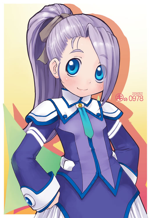 kei jiei, carbonara, original, 1girl, armor, asymmetrical bangs, blue eyes, blush, female focus, flat chest, hair over one eye, high ponytail, long hair, pauldrons, ponytail, purple hair, shoulder armor, smile, solo