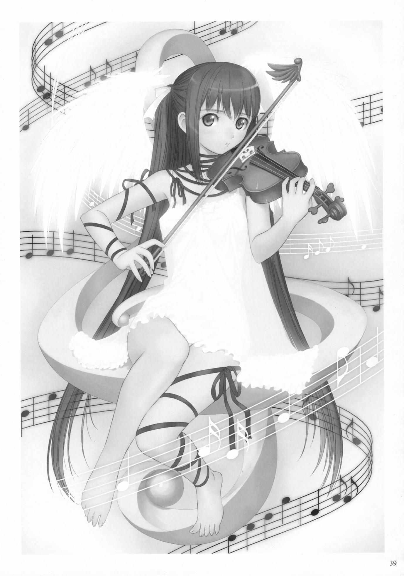 tony taka, hayate no gotoku!, highres, 00s, 1girl, dress, female focus, greyscale, instrument, legs, long hair, monochrome, musical note, musical staff, notes, quaver, solo, thighs, very long hair, violin