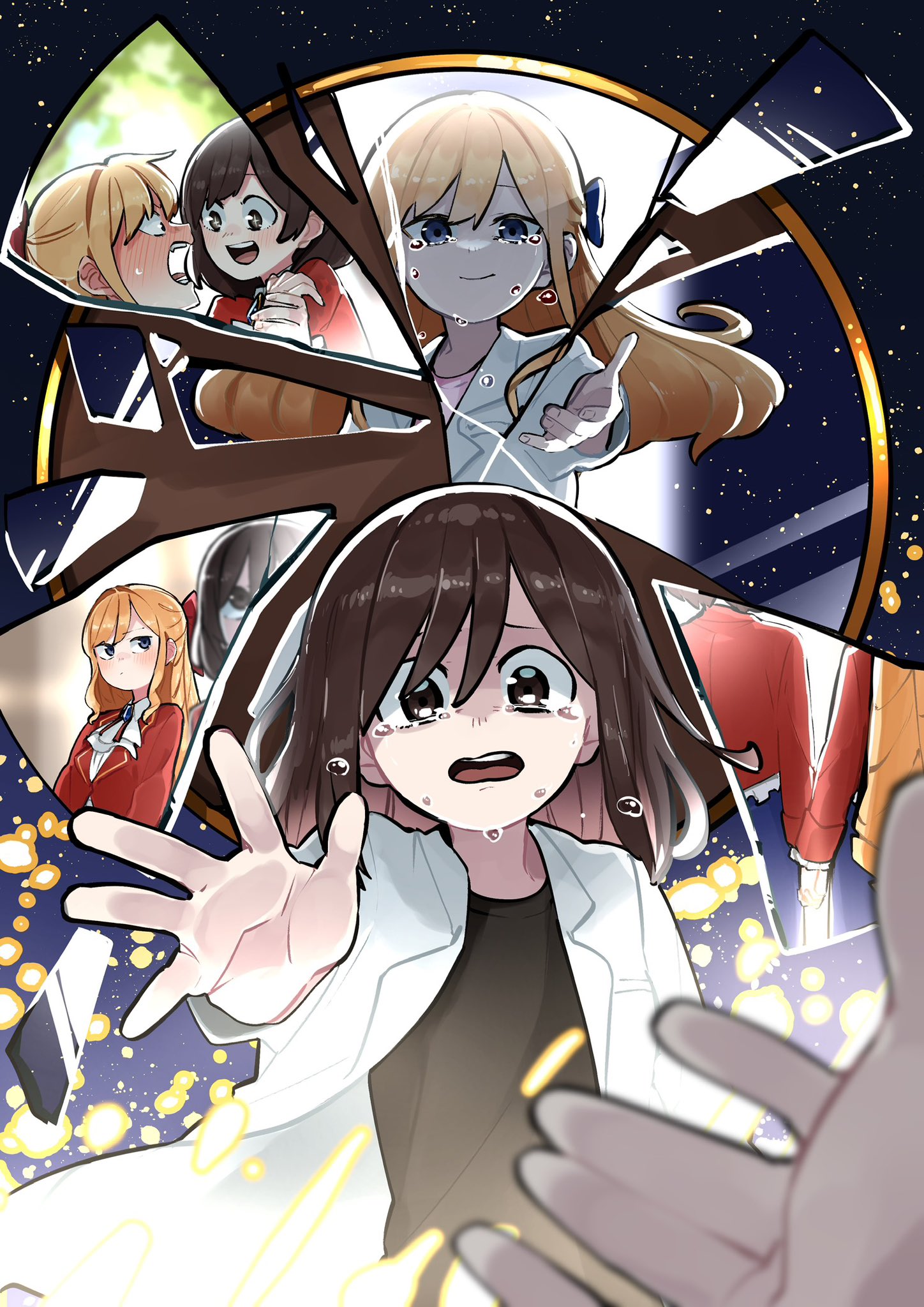 matarou (matarou1996), claire francois, rae taylor, watashi no oshi wa akuyaku reijou, highres, + +, 2girls, ascot, black shirt, blonde hair, blush, bow, broken mirror, brown hair, casual, ear blush, female pov, flying teardrops, formal clothes, full-face blush, hair between eyes, hair bow, hair over one eye, happy tears, holding hands, imminent hand holding, jacket, long hair, medium hair, mirror, multiple girls, multiple views, offering hand, open mouth, pink shirt, pov, pov hands, reaching, reaching towards another, red bow, red jacket, school uniform, shirt, sky, smile, star (sky), starry sky, straight hair, suit, tears, teeth, upper teeth only, white ascot, white suit, yuri
