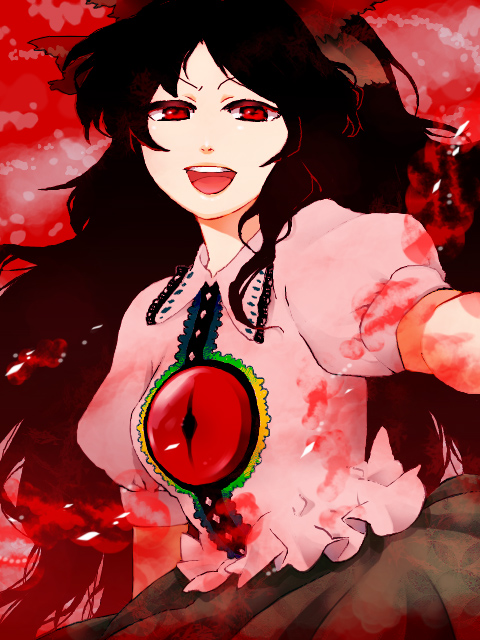 mot, reiuji utsuho, touhou, 1girl, blood, brown eyes, brown hair, female focus, long hair, red eyes, ribbon, skirt, solo