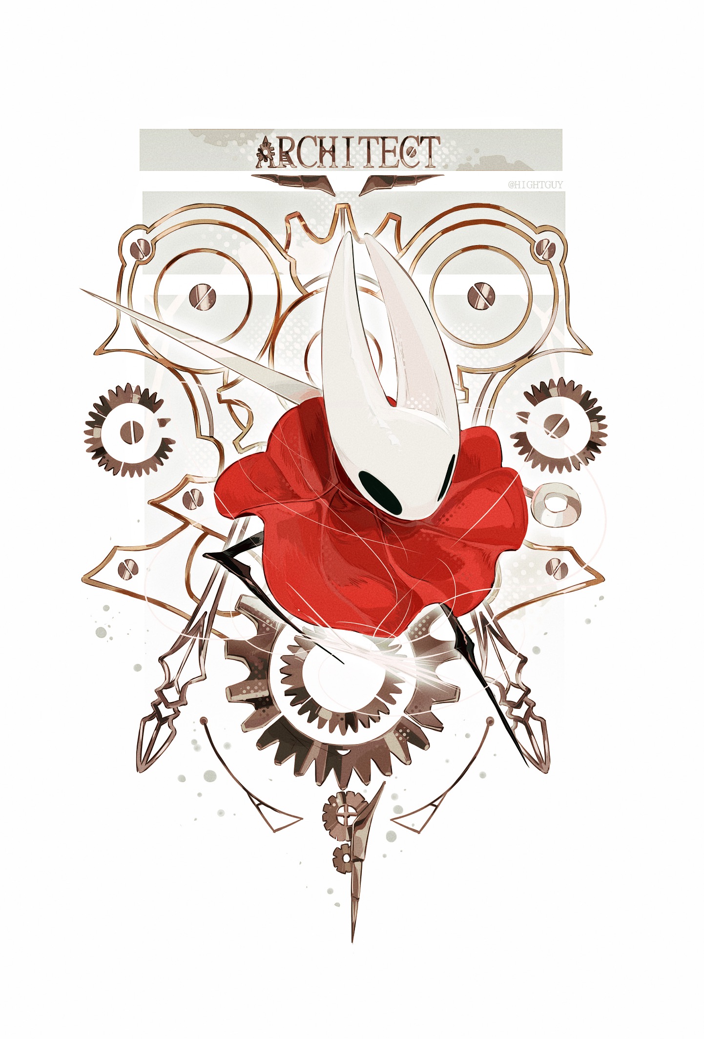 hightguy, hornet (hollow knight), hollow knight, hollow knight: silksong, chinese commentary, commentary request, highres, 1girl, artist name, border, cloak, english text, film grain, from above, full body, gears, grey background, halftone, halftone background, holding, holding needle, horned mask, looking ahead, mask, needle, needle (hollow knight), no mouth, outline, outside border, red cloak, simple background, solo, standing, white border, white mask, white outline