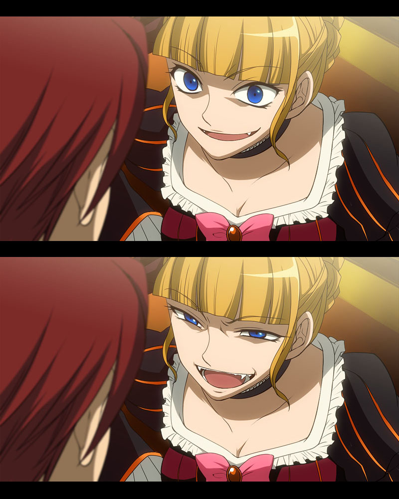 yodobashi yuo, beatrice (umineko), ushiromiya battler, umineko no naku koro ni, 00s, 1boy, 1girl, anime coloring, blonde hair, blue eyes, bow, choker, dress, fake screenshot, fang, frills, pink bow, ribbon, smile